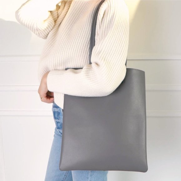 The Ava Genuine Minimal Leather Tote - Grey - Picture 5 of 14